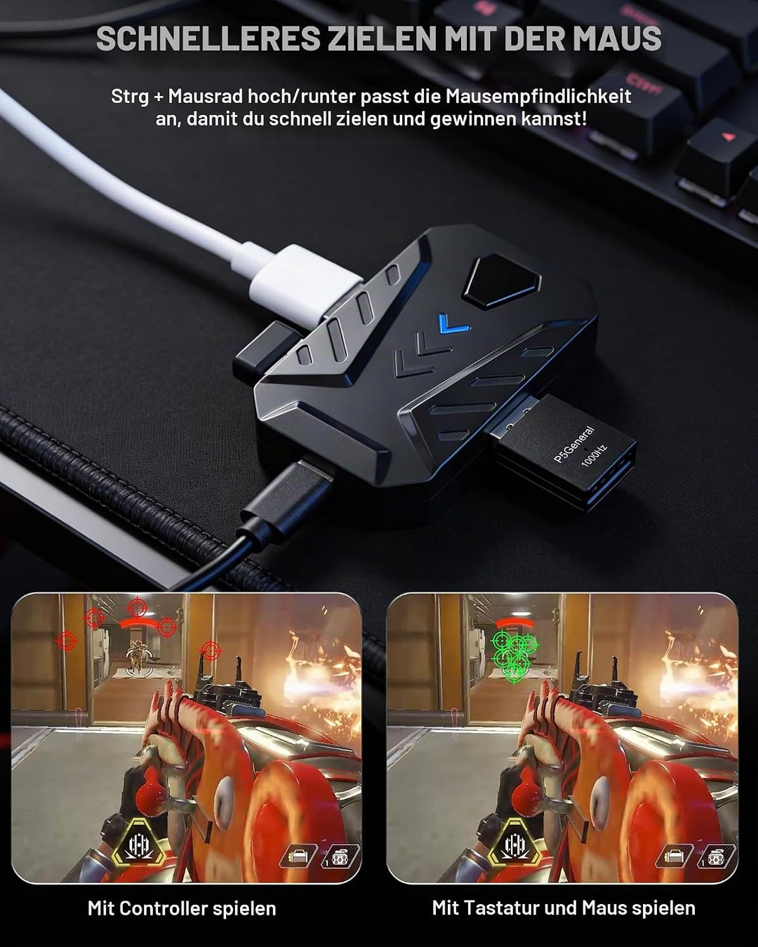 Joso Tastatur- und Mausadapter für PS5, 1000Hz Ultra-Low Lag Tastaturadapter mit P5 Allgemein zum Sp
