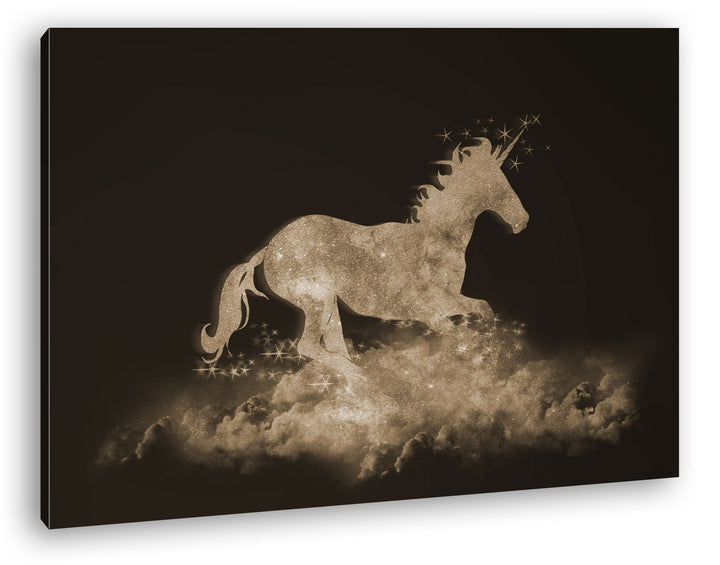 Einhorn galoppiert über den Wolken Format: 80x60 Effekt: Sepia als Leinwand, Motiv fertig gerahmt au