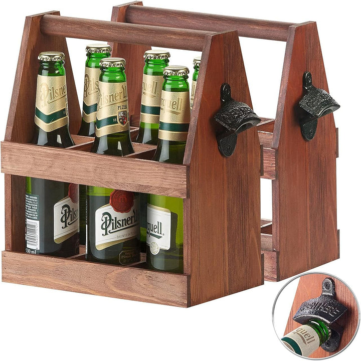 Cucina di Modena Männerhandtasche: 2er-Set Flaschenträger aus Kiefernholz mit Flaschenöffner (Geträn