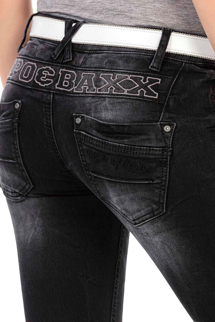 Cipo & Baxx Damen Slim Fit Jeanshose Ausgefallen Freizeit Hose Reissverschluss WD437 Schwarz W27 L34