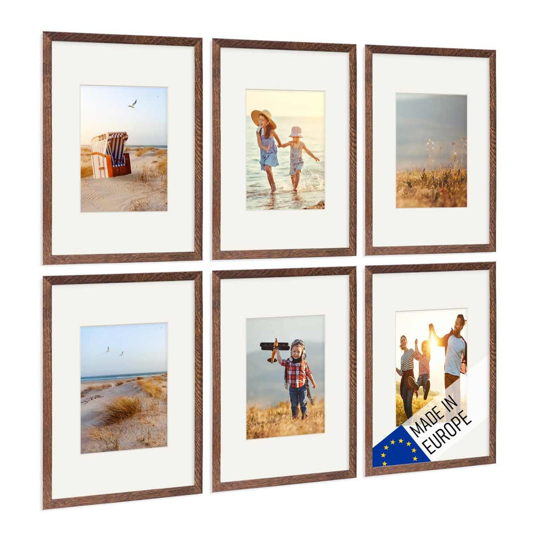 PHOTOLINI Bilderrahmen Holz A4 21x30 Eiche Dunkel mit Passepartout, Holzbilderrahmen DIN A4 Made in