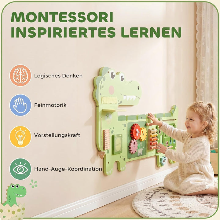 AIYAPLAY Montessori Motorikbrett Holz Busy Board Dinosaurier ab 2 Jahr | Wandmontiertes Activity Boa