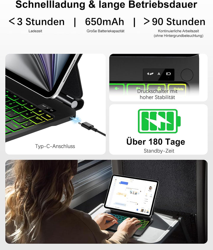 JADEMALL Magic Keyboard für iPad Air 11“ (M3 2025/M2 2024) – Mit 7-Farben RGB Beleuchtung, Präzision