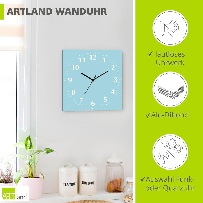 ARTLAND Wanduhr ohne Tickgeräusche Alu Funkuhr 30x30 cm Quadratisch Lautlos 12 Ziffern Farbig Schlic