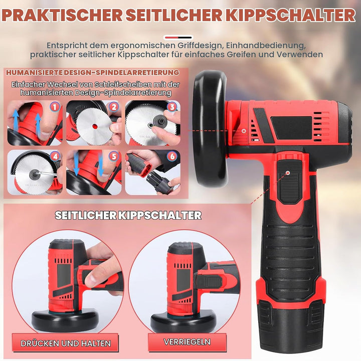 WingFly Mini Winkelschleifer, 12V Akku Winkelschleifer Set Mit 2 x 2000mAh Batterien, 19500rpm, 76mm