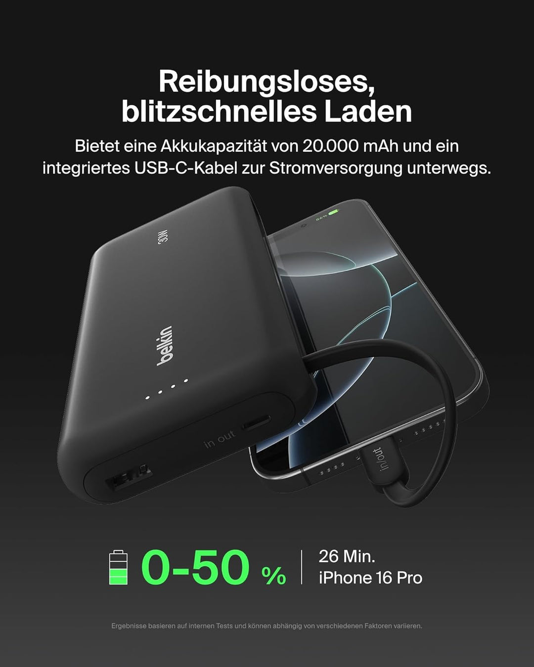 Belkin Portable Powerbank zum Schnellladen mit integriertem Kabel 20K PD 30 W, USB-C Power Delivery,