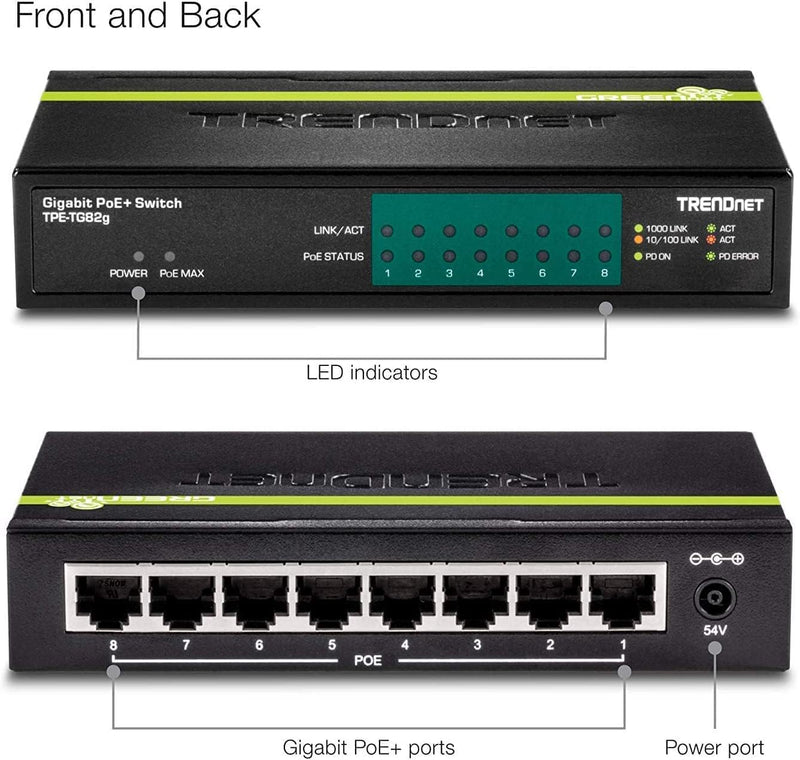 TRENDnet TPE-TG82G 8-Port GREENnet Gigabit PoE+ Switch, 61W PoE Leistung, 16 Gbit/s Schaltkapazität,