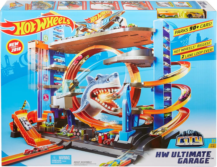 Hot Wheels FTB69 - City Ultimate Parkgarage und Parkhaus für Kinder, Garage mit Hai für +90 Autos, m