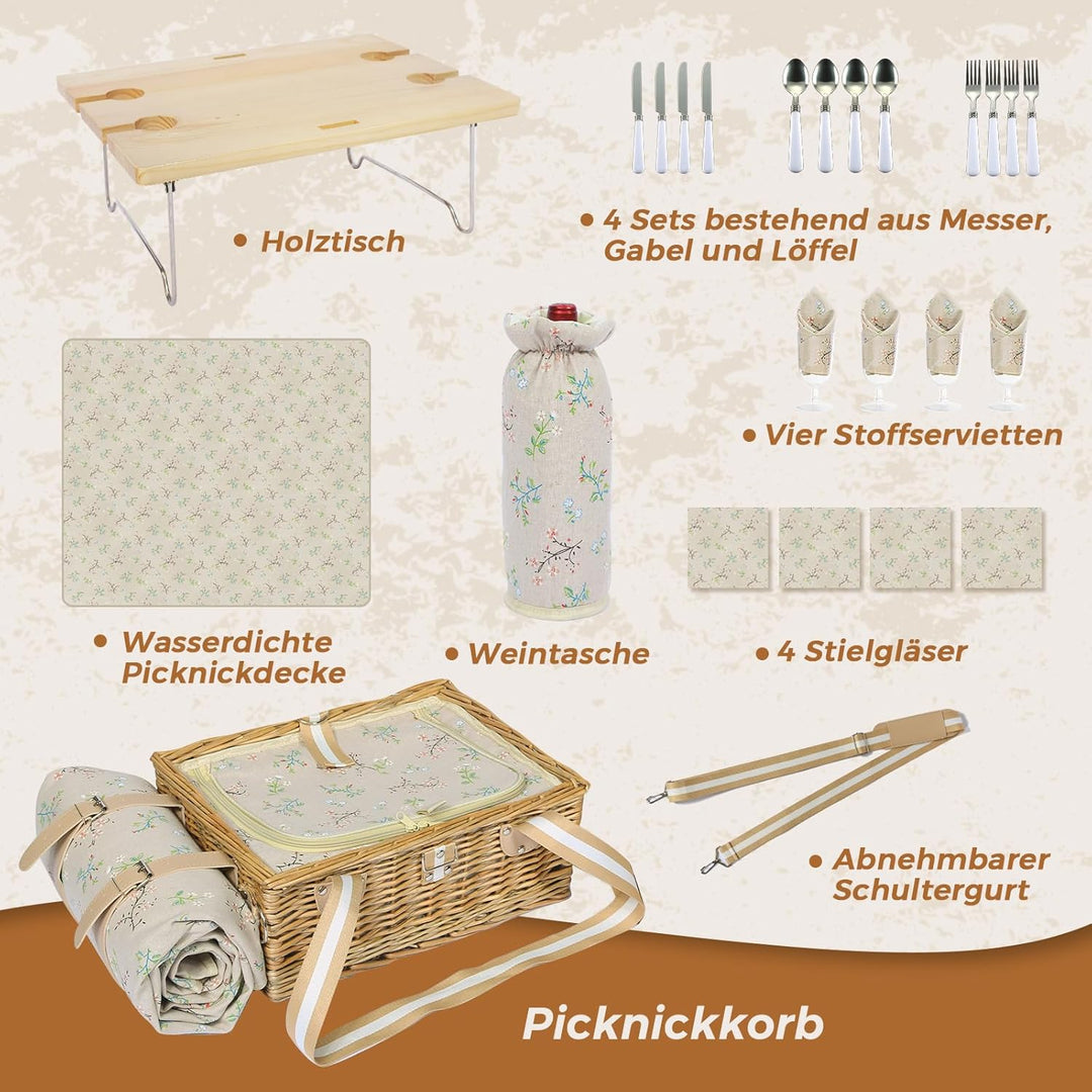 Picknickkorb-Set mit Klapptisch und Besteck-Set, Picknickkorb für 4 Personen mit kühltaschen, Flecht