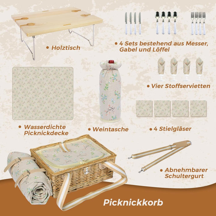 Picknickkorb-Set mit Klapptisch und Besteck-Set, Picknickkorb für 4 Personen mit kühltaschen, Flecht