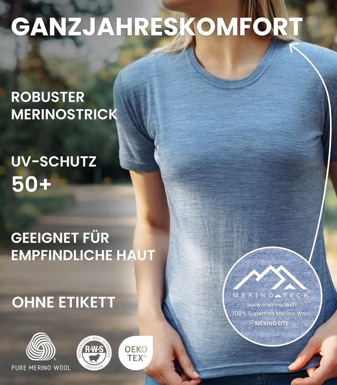 Merino.tech 100% Merino T Shirt Damen - Merinowolle Sport Wandern Thermoshirt Damen + Wandersocken F