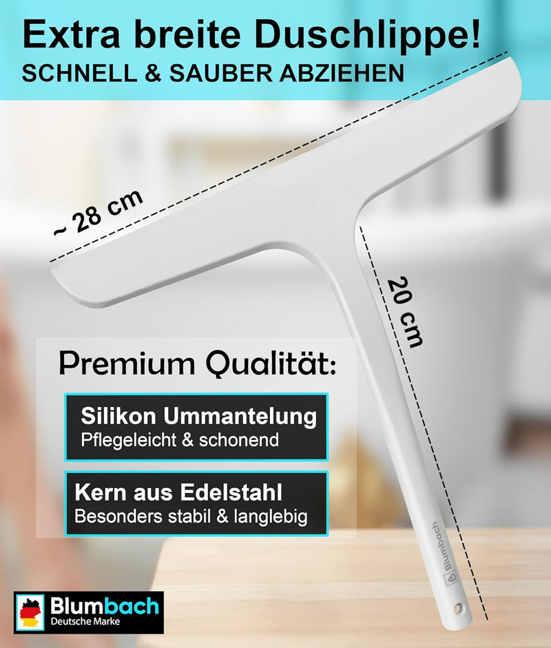 Abzieher Dusche mit Halterung, BLUMBACH® Duschabzieher weiss 28 cm breit Dusch Abzieher Wischer Sili
