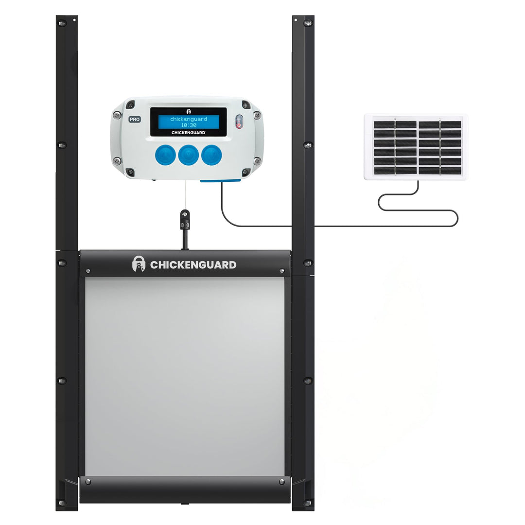 ChickenGuard Automatischer Hühnerstall Türöffner, betrieben mit Solarenergie/Batterien/Strom. Timer/