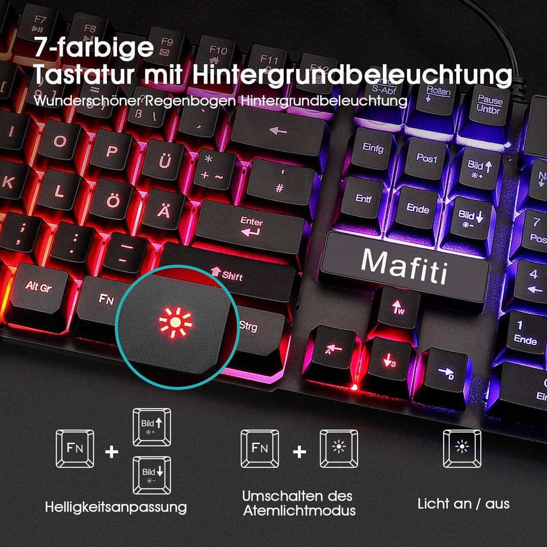 Mafiti Tastatur und Maus Set, Kabelgebundenes, LED Hintergrundbeleuchtung QWERTZ (DE-Layout), Regenb
