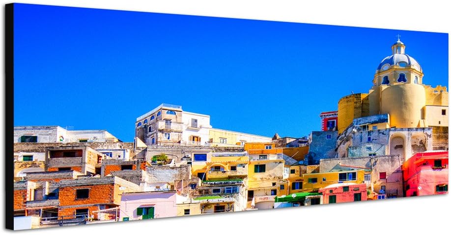 Paul Sinus Art Panoramabild auf Leinwand und Keilrahmen 120x40cm Italien Neapel Häuser Wasser Boote