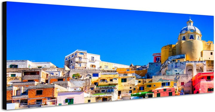 Paul Sinus Art Panoramabild auf Leinwand und Keilrahmen 120x40cm Italien Neapel Häuser Wasser Boote