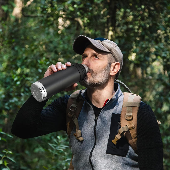 SANTECO Thermoskanne 1L - Thermoskanne mit Trinkbecher für unterwegs - Thermosflasche Edelstahl mit