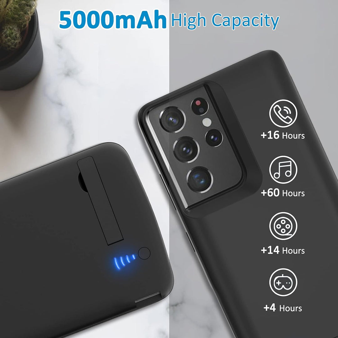 Gladgogo Akku Hülle für Samsung Galaxy S21 Ultra, [5000 mAh] Battery Case Akkuhülle Mit klappbarem S