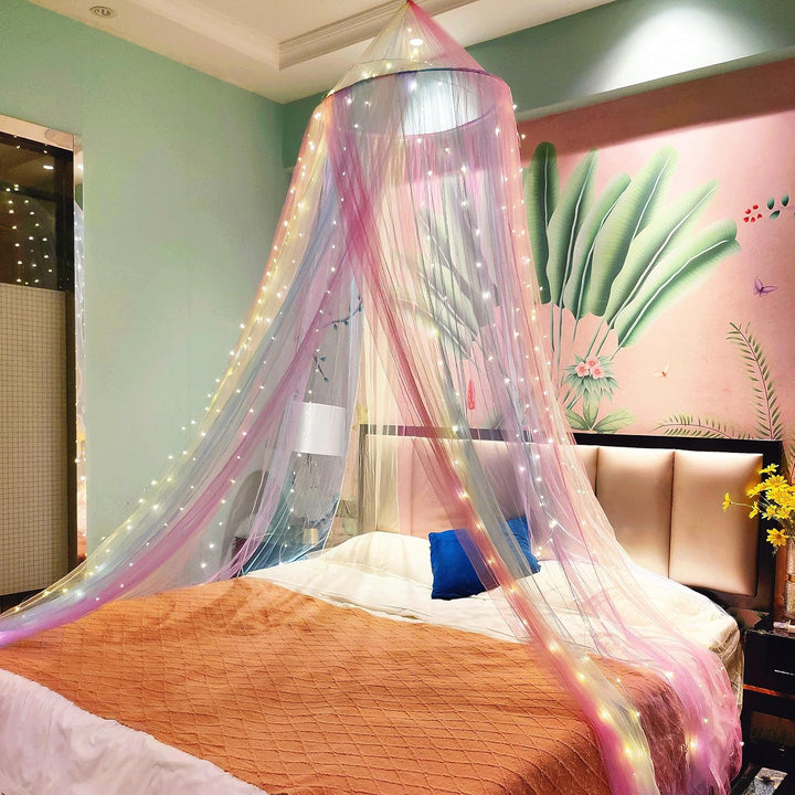 Eimilaly Prinzessin Betthimmel mit 250pcs Warm White Curtain Lichter, Regenbogen Betthimmel für Mädc