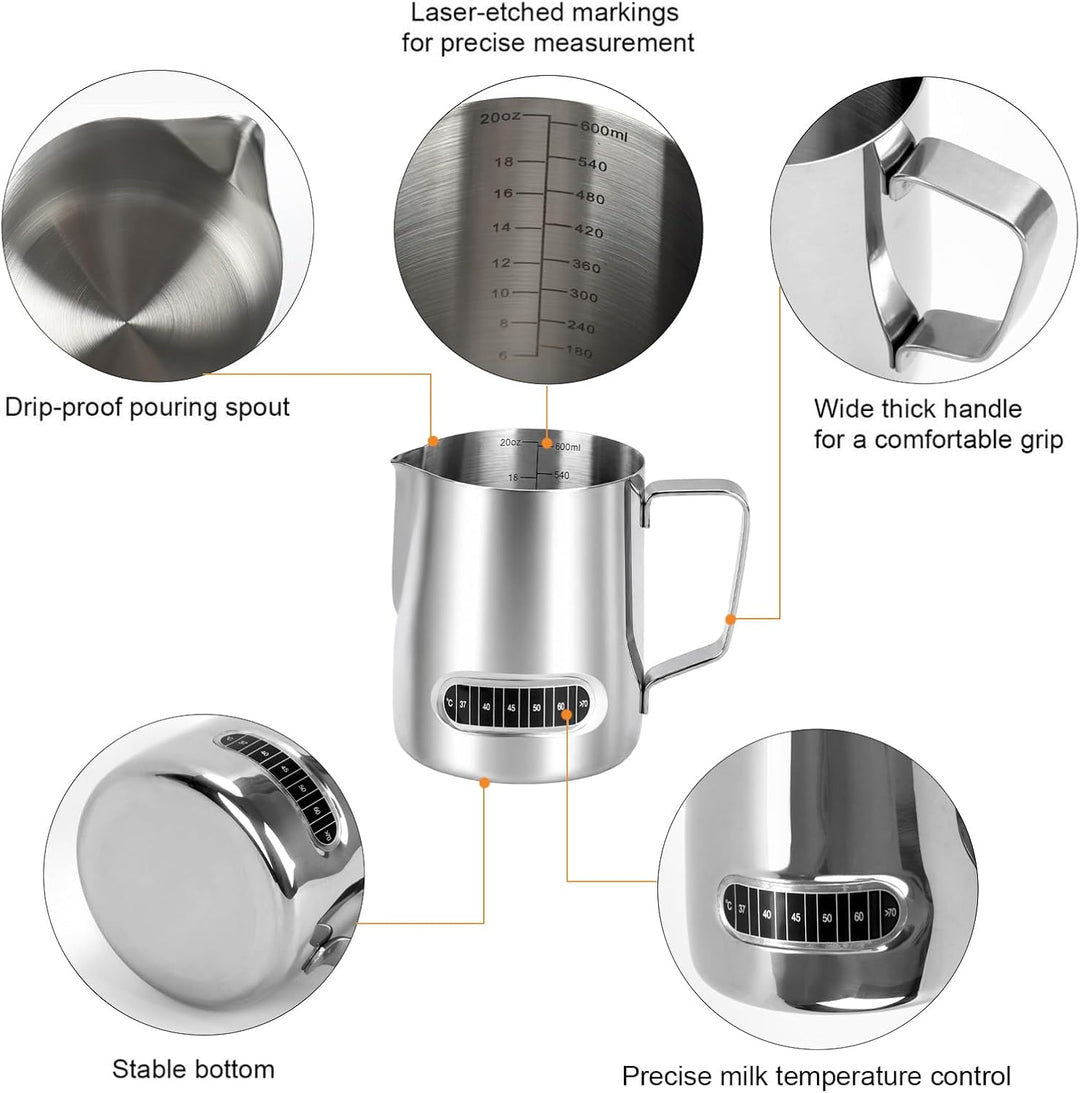 2 Stück Milchschäumer Kännchen 600 ml, Edelstahl Milchschaumkännchen Barista-Werkzeuge mit Temperatu