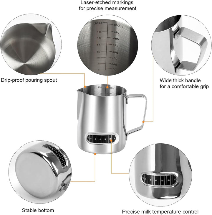 2 Stück Milchschäumer Kännchen 600 ml, Edelstahl Milchschaumkännchen Barista-Werkzeuge mit Temperatu