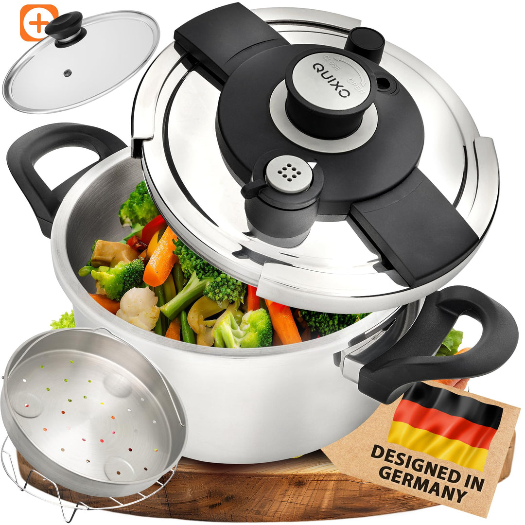 QUIXO Schnellkochtopf 4l VitaSmart inkl. Glasdeckel mit 𝐊𝐨𝐜𝐡𝐳𝐞𝐢𝐭𝐬𝐢𝐠𝐧𝐚𝐥 für alle Herdarten [diesen Mo