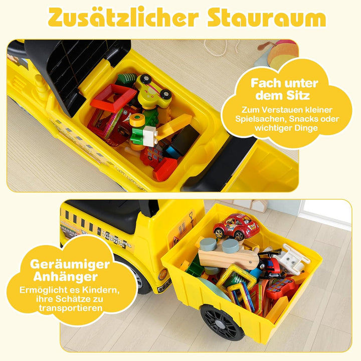 COSTWAY Sitzbagger mit Schaufel & abnehmbarem Anhänger, Kinderbagger mit Stauraum unter dem Sitz, Hu
