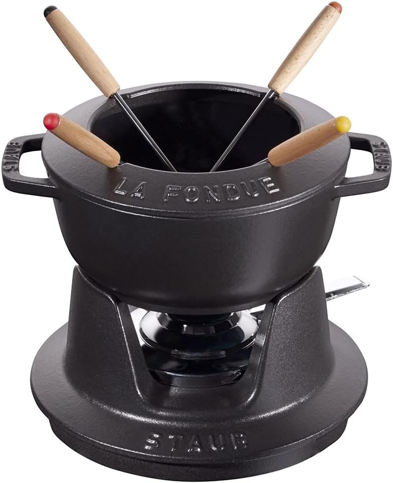 STAUB Fondue Set mit 4 Gabeln, Geeignet für Käse- Schoko- und Fleisch-Fondue, Gusseisen, 16 cm, Schw