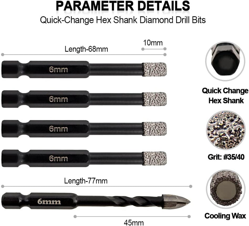 SHDIATOOL Fliesenbohrer Set 4tlg 6mm Diamantbohrer mit 1tlg 6mm Karbidbohrer bohrer feinsteinzeug,bo