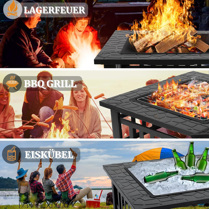 TLSUNNY Feuerschale mit Grillrost 81cm,3 in 1 Feuerstelle mit Funkenschutz,Feuerkorb mit Regenplane,