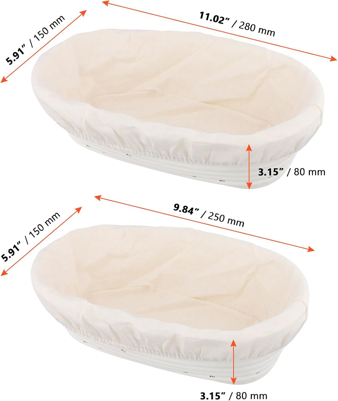 SINJEUN 2er Set Gärkorb Oval 25 cm und 28 cm, Rattan Brotkorb mit Leinentuch für Brot Backen, Küche,