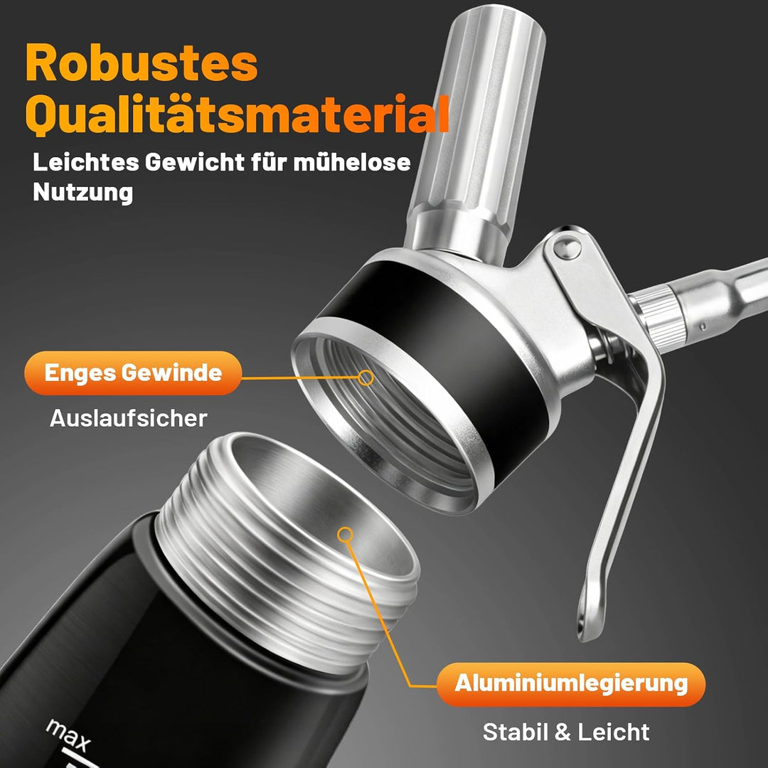 Sahnespender,Sahnesyphon Aluminium 500ml für Schlagsahne,Cremes,Desserts und Sossen mit 3 Edelstahl
