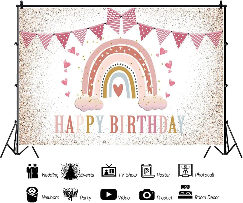 Renaiss 2.2x1.5m Regenbogen Happy Birthday Hintergrund Wolke Rosa Glitzer Dekoration Fotografie Hint