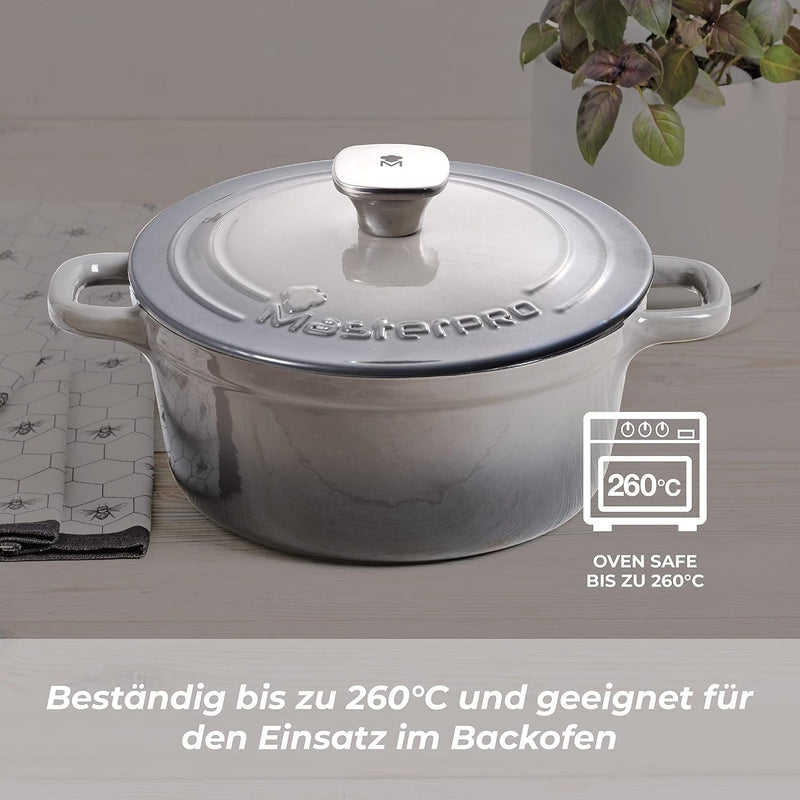 MasterPro Unique | Topf 27cm mit Deckel | Weiss | Aus Gusseisen | Ergonomische Griffe | Kochtopf | G