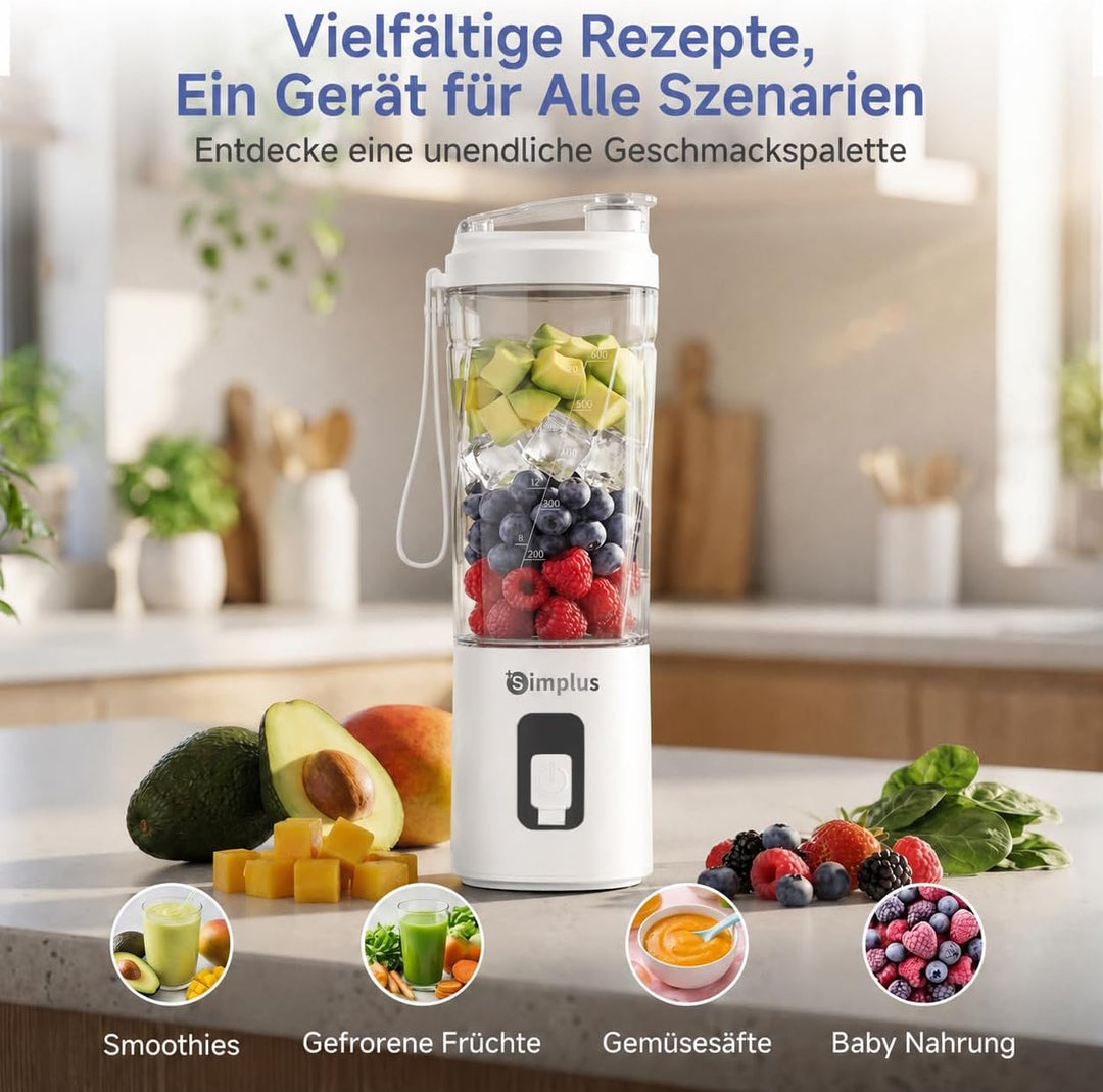SIMPLUS Tragbarer Mixer 800ml Smoothie Maker To Go, USB-C Mini Mixer mit 6 Edelstahlklingen, kabello