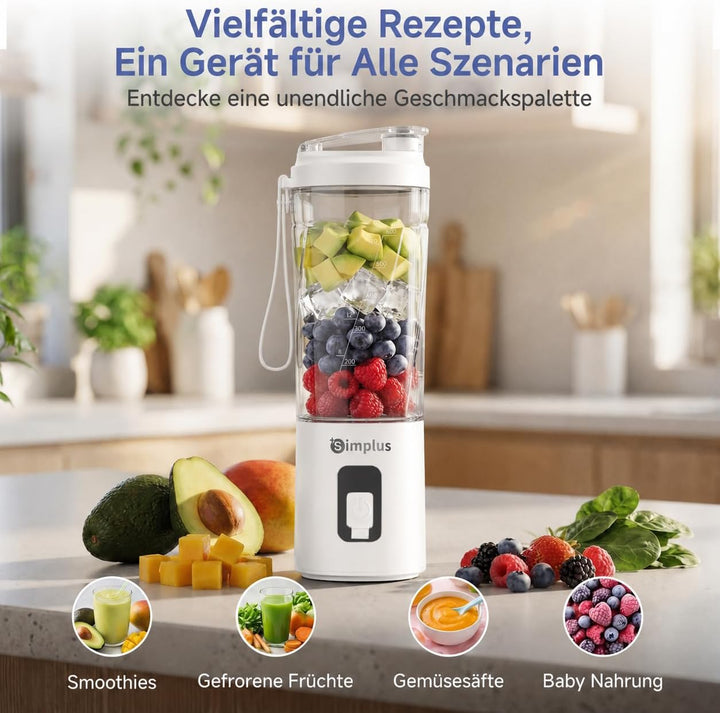SIMPLUS Tragbarer Mixer 800ml Smoothie Maker To Go, USB-C Mini Mixer mit 6 Edelstahlklingen, kabello