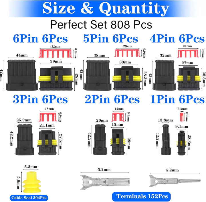KOMABLEN 808Pcs kfz Stecker, Kabel Steckverbinder 250V, IP67 Wasserdicht Steckverbindung kfz Steckve