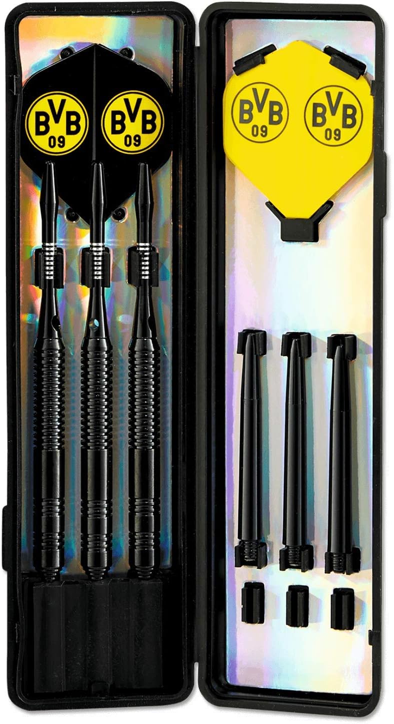 Borussia Dortmund BVB-Dartpfeile mit Aufbewahrungsbox, Schwarz/gelb Bundle mit BVB-Würfelbecher-Set,