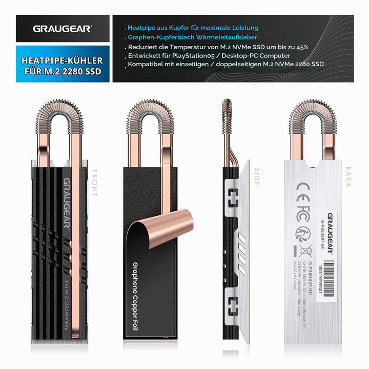 GRAUGEAR HeatPipe-Kühlkörper für M.2 NVMe SSD (2280), für PC, Computer Speichererweiterung, mit Ther