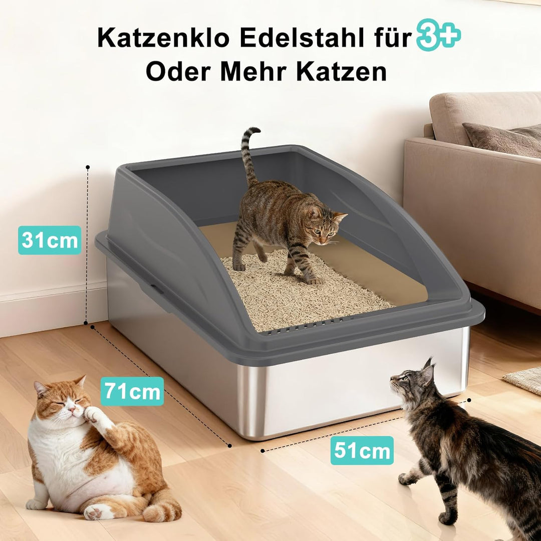 FURTIME Katzenklo Edelstahl XXXL, Katzentoilette Edelstahl 71x51x31 cm, Extra Grosses Katzenklo mit