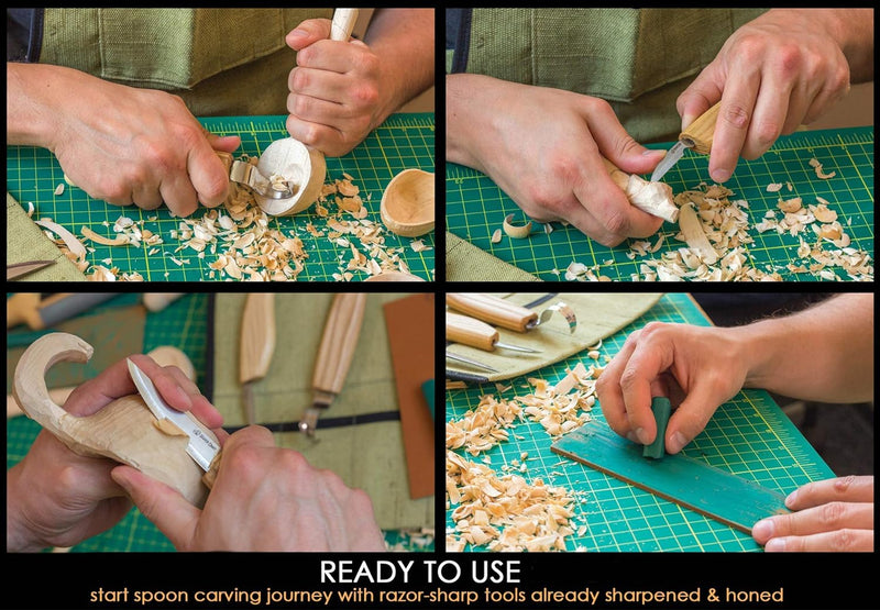 BeaverCraft S13 Holzschnitzerei Werkzeuge Set für Löffelschnitzen 3 Messer in Werkzeugsrolle Abziehr