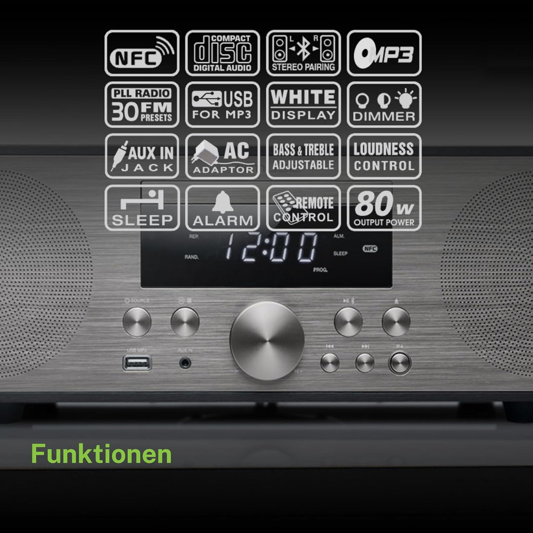 Muse M-880 BTC Design Bluetooth Stereoanlage mit CD-Player und USB (UKW, PLL, NFC, AUX), 80 Watt, sc