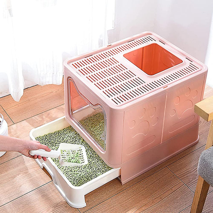 Katzentoilette für Katzentoilette, geschlossen, faltbar, doppelte Flügeltür und obere Tür + Schaufel