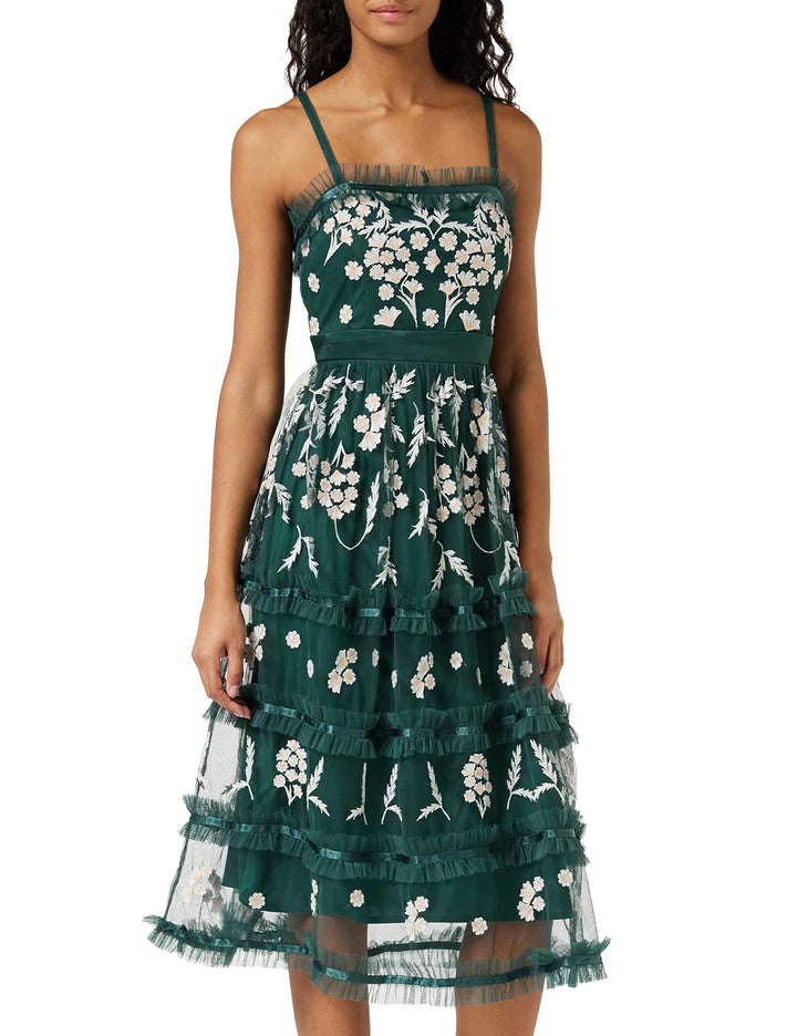 Maya Deluxe Damen Ladies Womens Summer Embroidered Midi Floral Straps High Waist A Line Cut Everyday