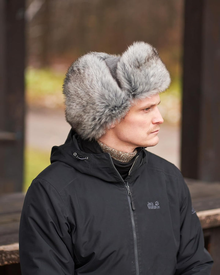 Futrzane Trappermütze aus Cord - Ushanka Herren - Fell Mütze mit Ohrenklappen S Grau - Silber Siberi