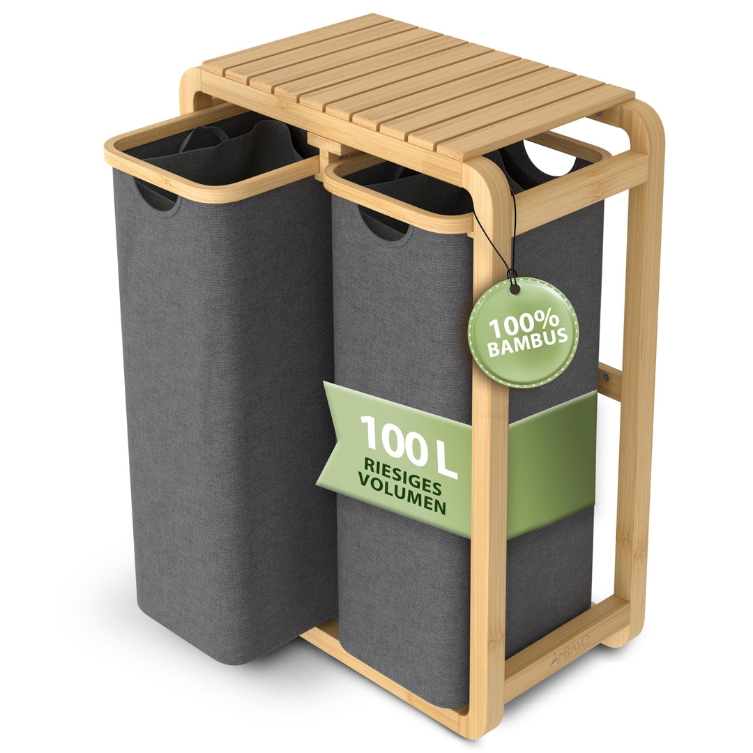 Wäschekorb 2 Fächer grau 100 L – Platzsparendes Design – 50L pro Fach - Stabile Bambuskonstruktion –