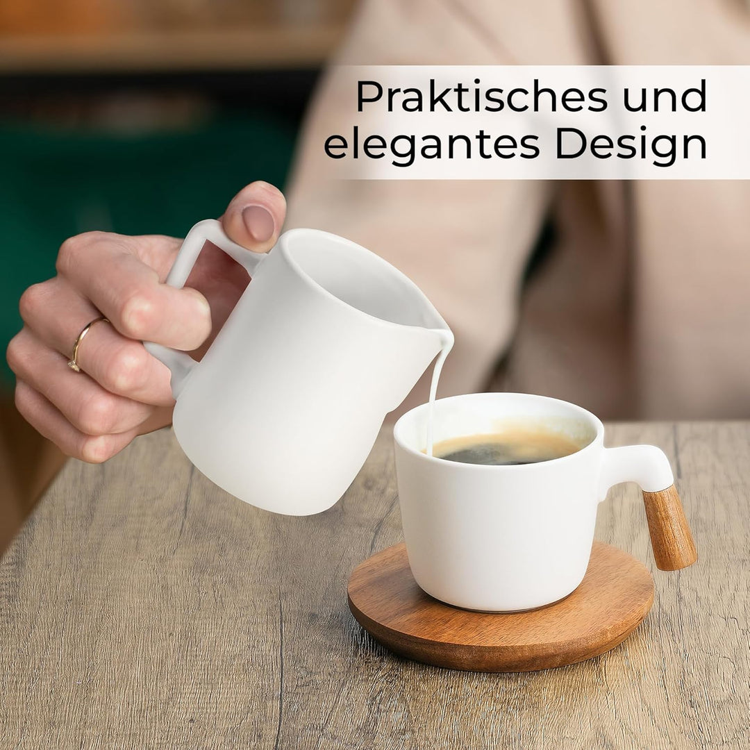MIAMIO - Milch und Zucker Set mit Deckel und Löffel/Keramik Milchkännchen mit Holz Tablett - Mikrowe