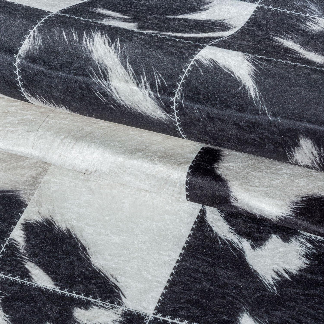 Waschbarer Teppich, Didigitaldruck Patchwork Felloptik, Rechteckig, Creme - Schwarz Farbe, Flachgewe