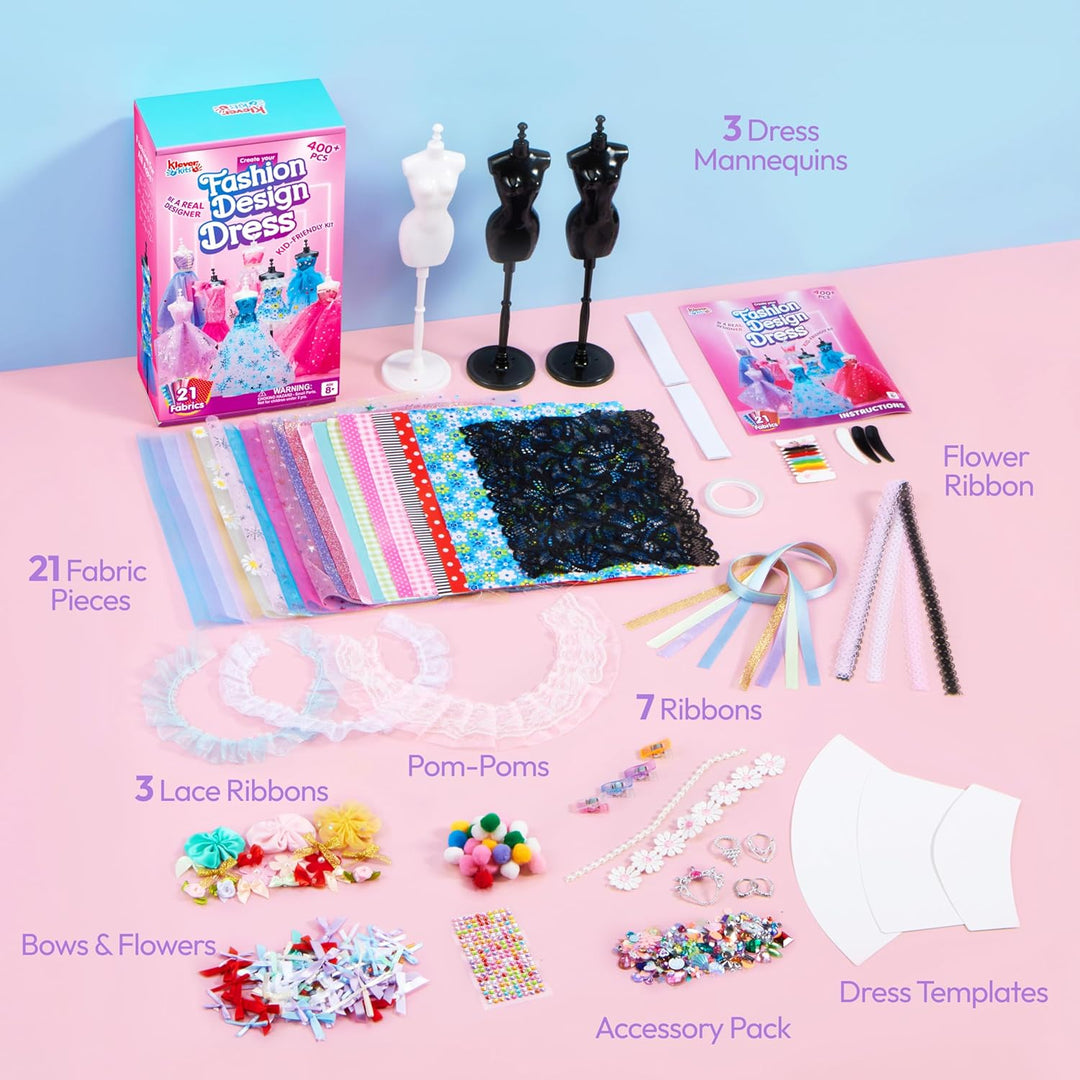 Klever Kits 400+ Stücke Modedesign Mädchen,Fashion Design Basteln Mädchen Nähset Set mit 3 Mannequin