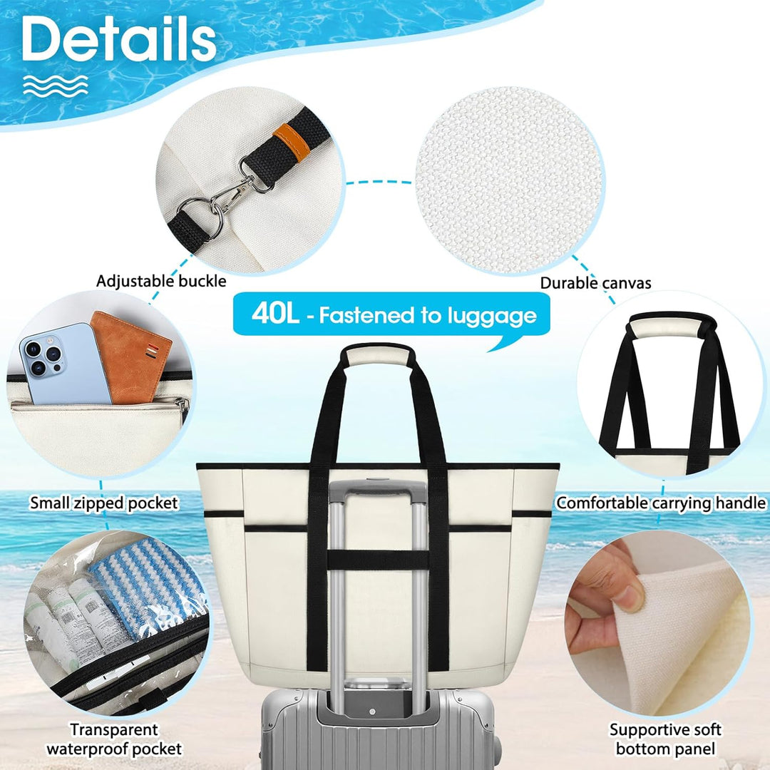 Lubardy Strandtasche XXL Familie Gross Damen Badetasche Shopper mit Reissverschluss Wasserdicht 40L